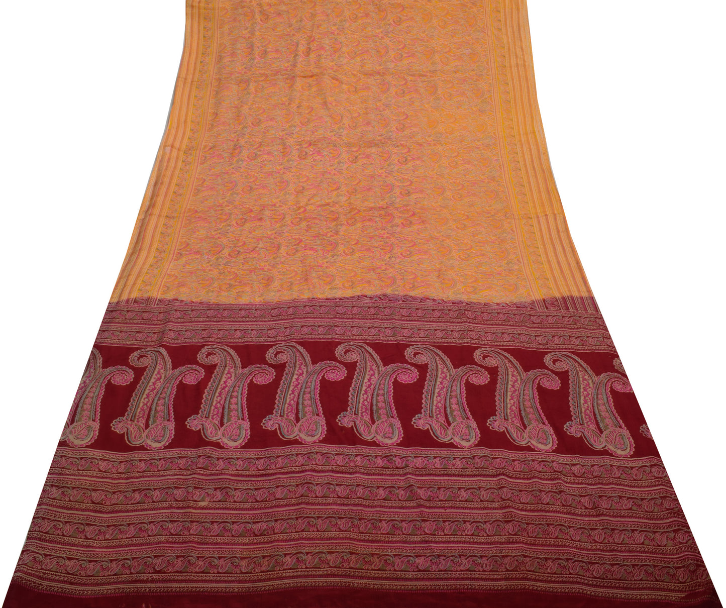 Sushila Vintage Yellow Saree 100% Pure Silk Printed Paisley Soft Craft Fabric