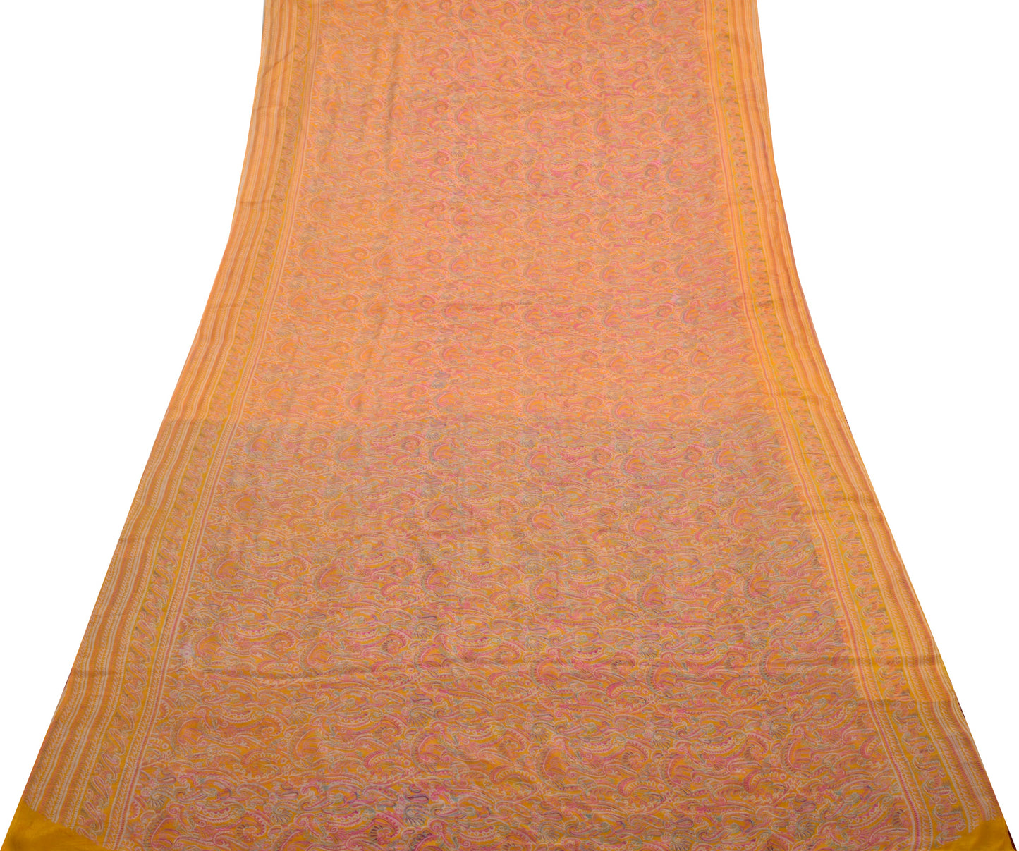 Sushila Vintage Yellow Saree 100% Pure Silk Printed Paisley Soft Craft Fabric