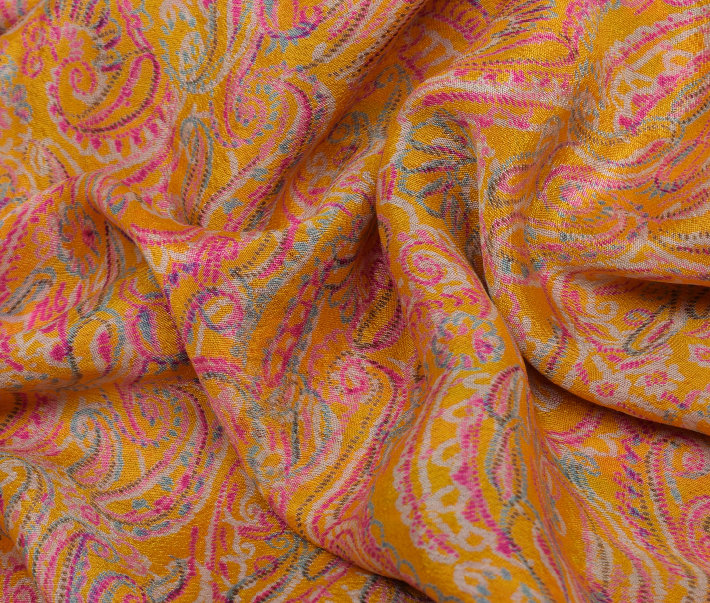 Sushila Vintage Yellow Saree 100% Pure Silk Printed Paisley Soft Craft Fabric