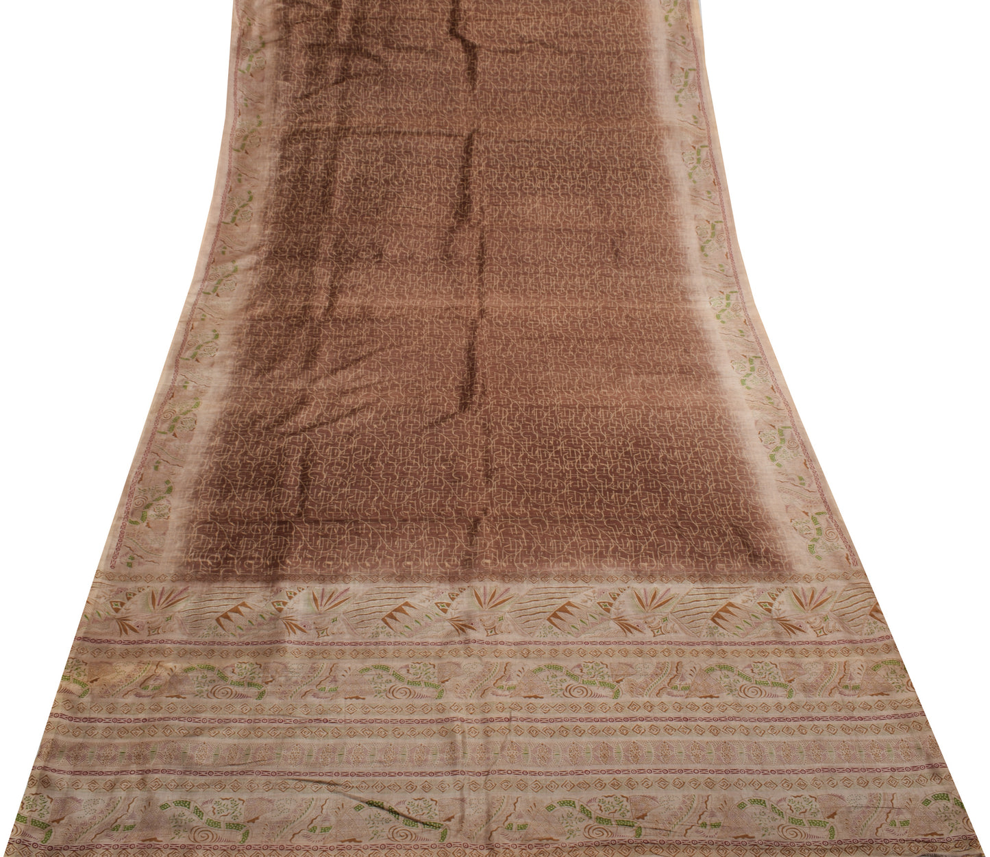 Sushila Vintage Indian Brown Saree 100% Pure Silk Printed Soft Craft Sari Fabric