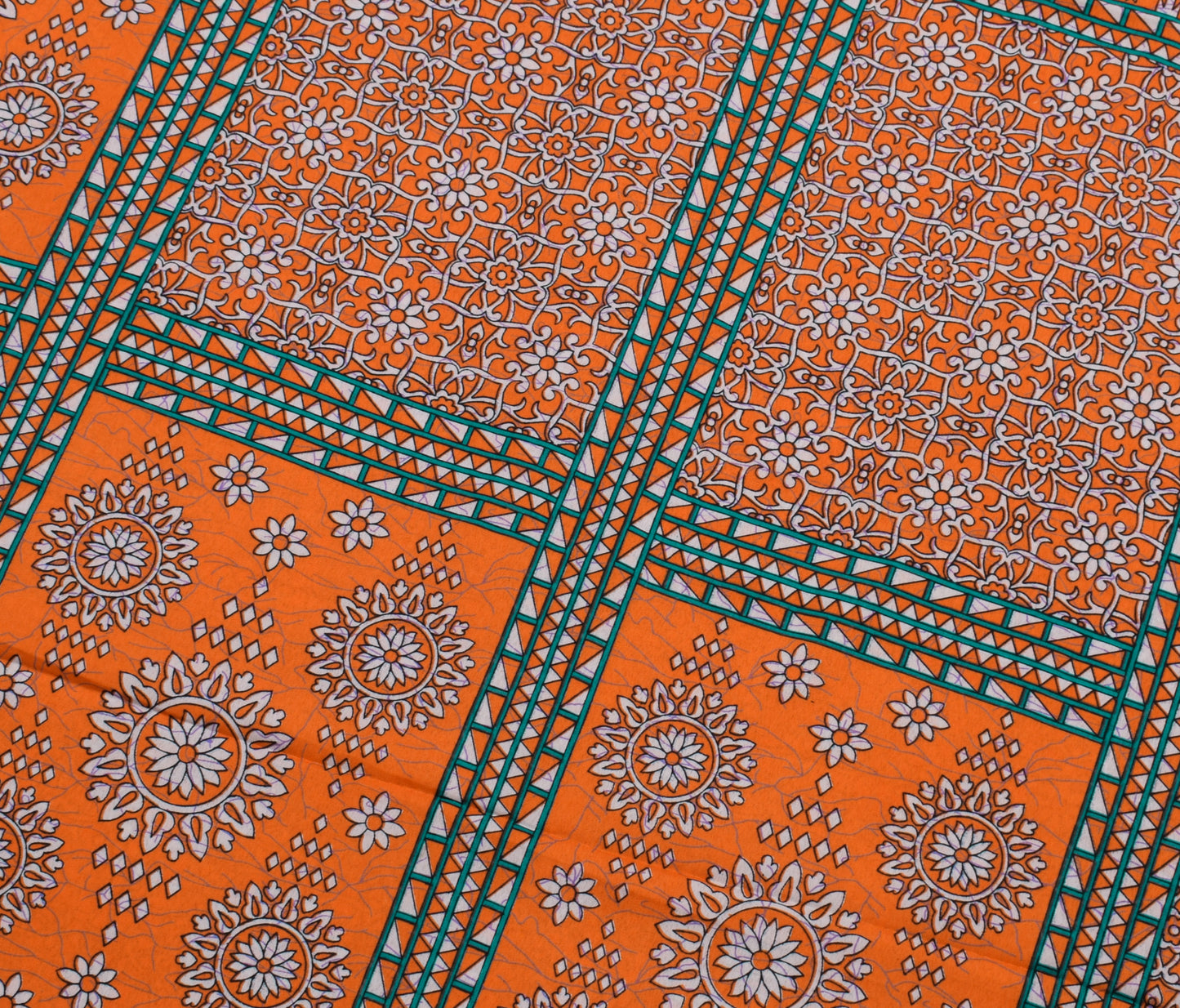 Sushila Vintage Orange Saree Blend Silk Printed Floral Soft Craft Sari Fabric