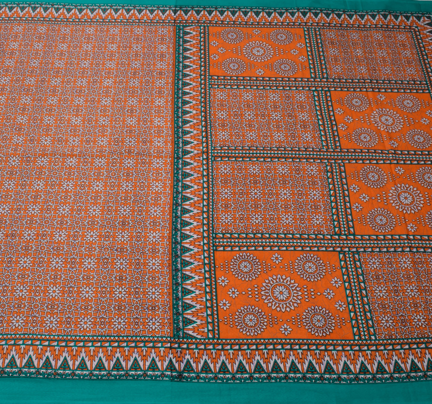 Sushila Vintage Orange Saree Blend Silk Printed Floral Soft Craft Sari Fabric