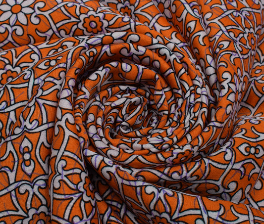 Sushila Vintage Orange Saree Blend Silk Printed Floral Soft Craft Sari Fabric