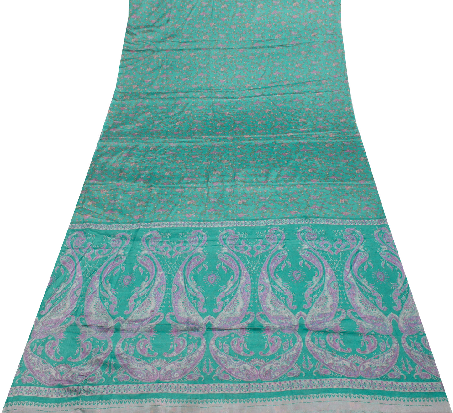 Sushila Vintage Aqua Green Saree Blend Silk Printed Floral Soft Craft Fabric