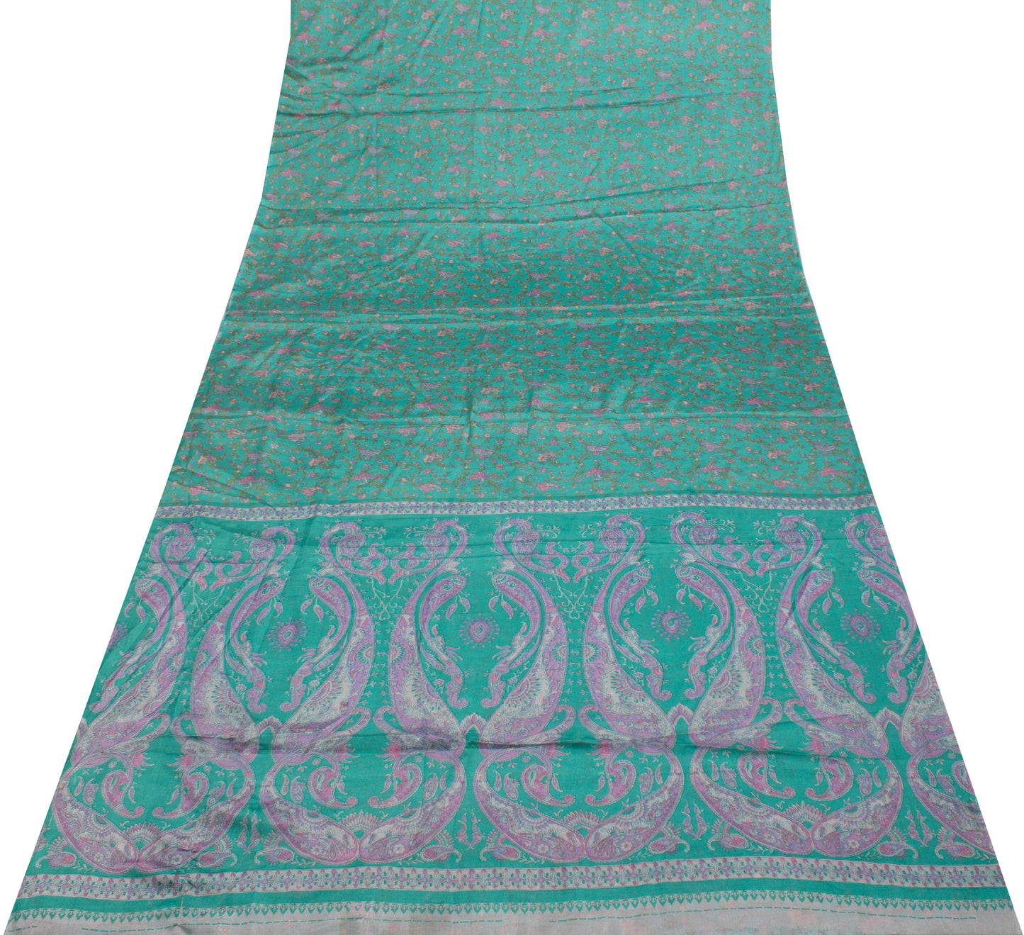 Sushila Vintage Aqua Green Saree Blend Silk Printed Floral Soft Craft Fabric