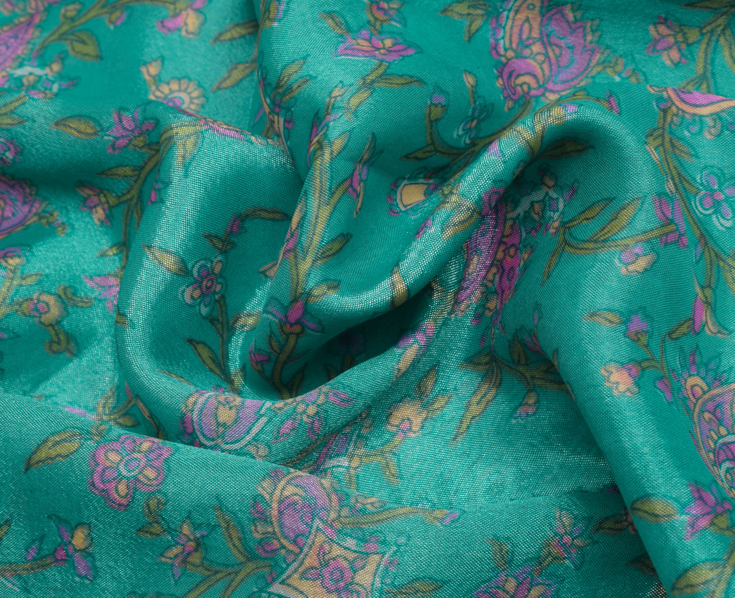 Sushila Vintage Aqua Green Saree Blend Silk Printed Floral Soft Craft Fabric