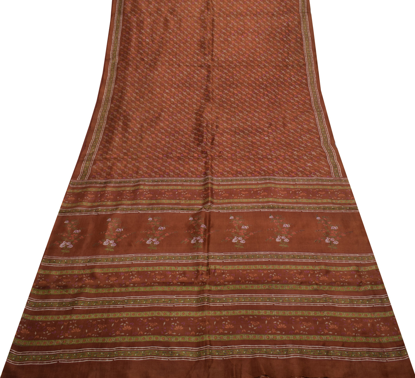 Sushila Vintage Brown Saree 100% Pure Silk Printed Floral Soft Craft Sari Fabric