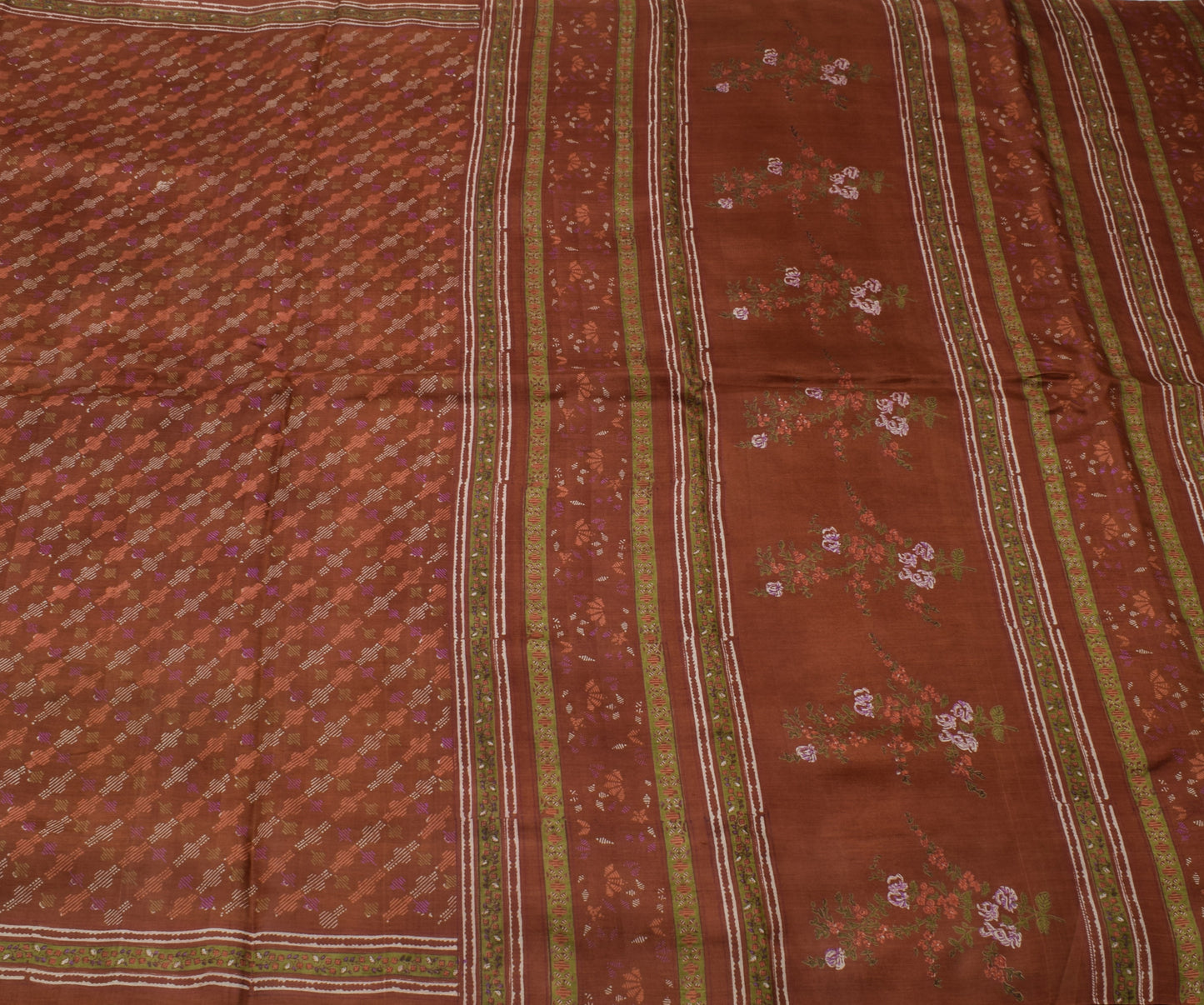 Sushila Vintage Brown Saree 100% Pure Silk Printed Floral Soft Craft Sari Fabric