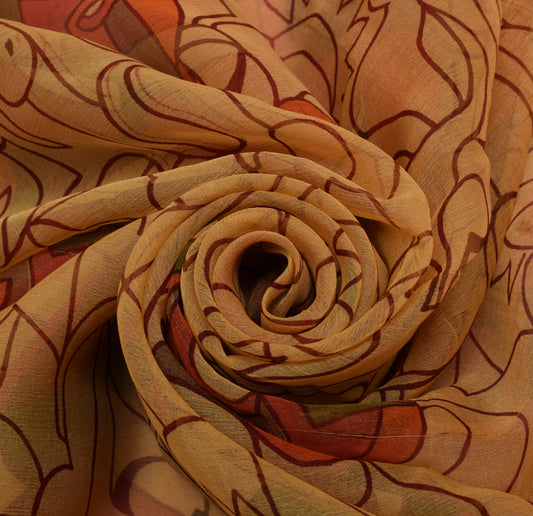 Sushila Vintage Brown Saree Pure Chiffon Silk Printed 5 Yard Soft Sari Fabric