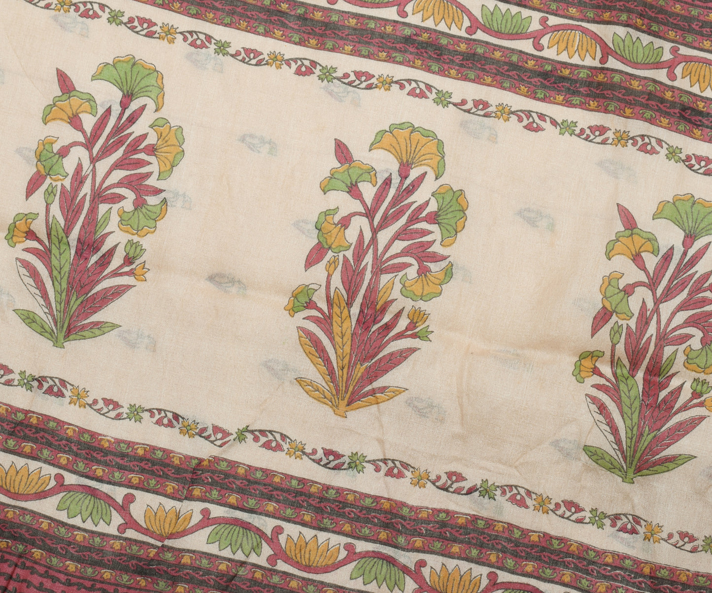 Sushila Vintage Cream Saree 100% Pure Silk Printed Floral 5 YD Soft Craft Fabric