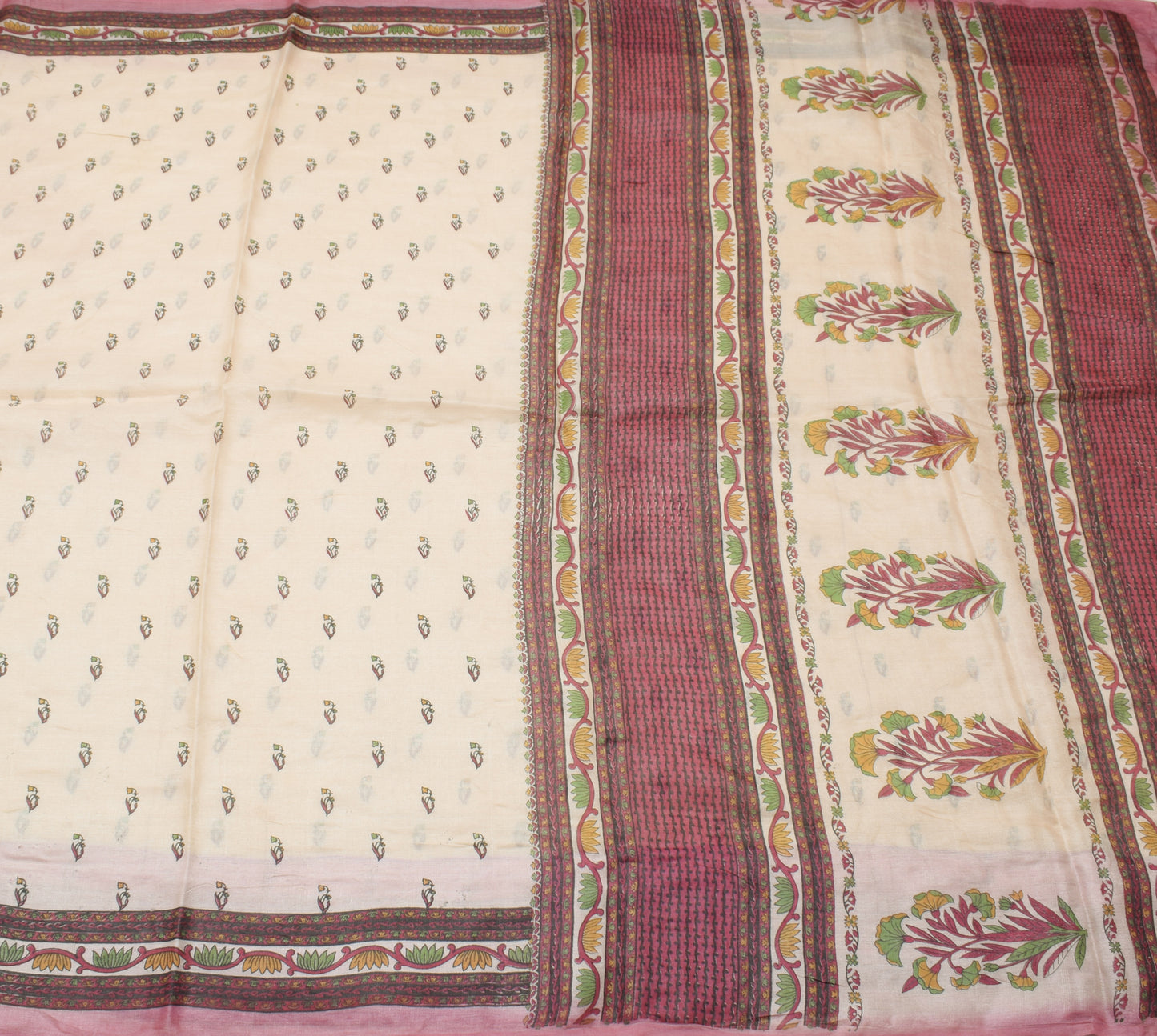 Sushila Vintage Cream Saree 100% Pure Silk Printed Floral 5 YD Soft Craft Fabric