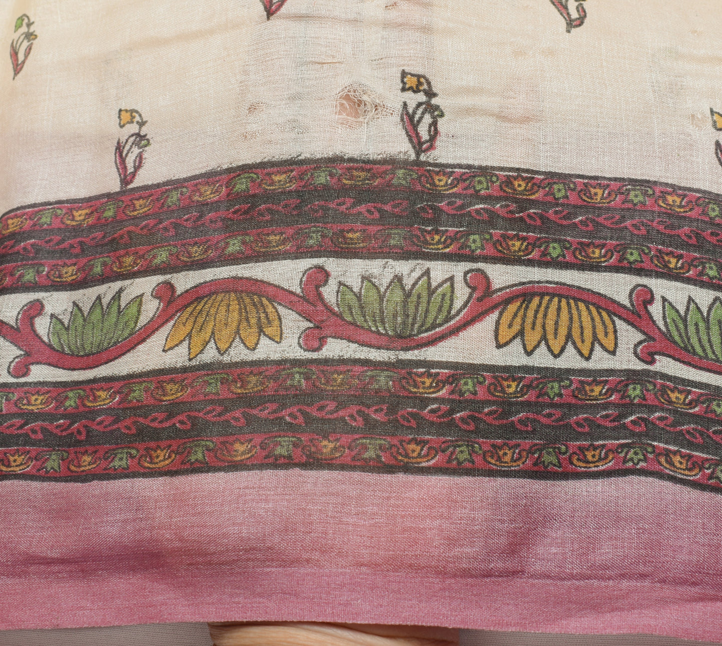Sushila Vintage Cream Saree 100% Pure Silk Printed Floral 5 YD Soft Craft Fabric