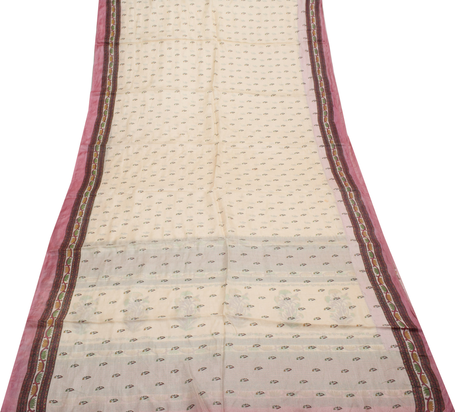 Sushila Vintage Cream Saree 100% Pure Silk Printed Floral 5 YD Soft Craft Fabric