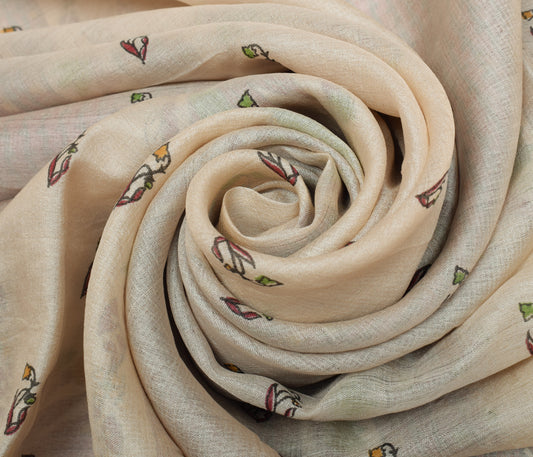 Sushila Vintage Cream Saree 100% Pure Silk Printed Floral 5 YD Soft Craft Fabric