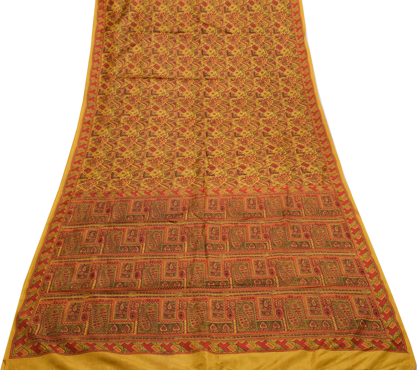 Sushila Vintage Mustard Sari 100% Pure Silk Hand Block Printed Soft Craft Fabric