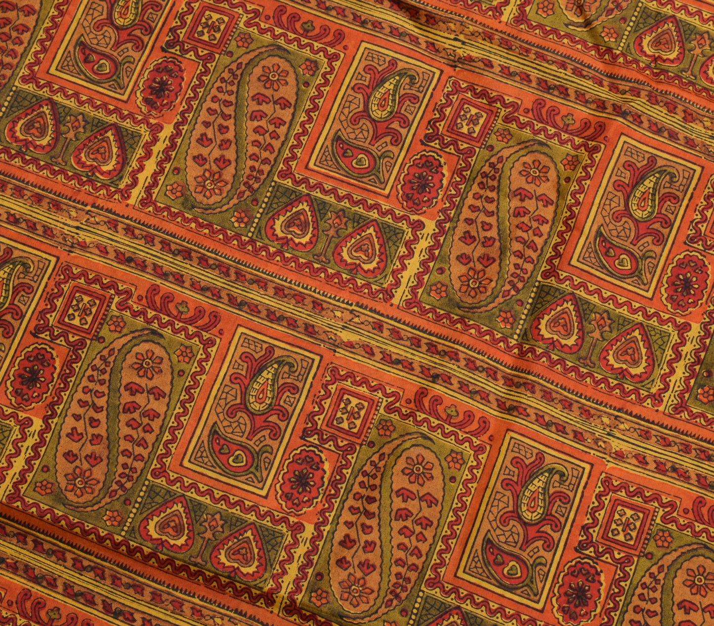 Sushila Vintage Mustard Sari 100% Pure Silk Hand Block Printed Soft Craft Fabric