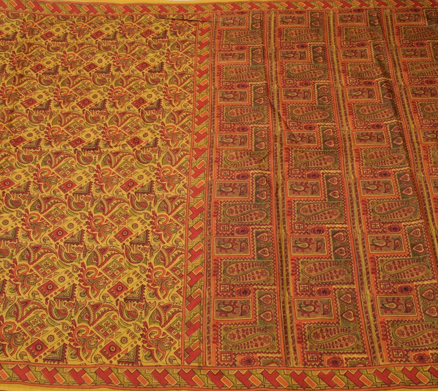 Sushila Vintage Mustard Sari 100% Pure Silk Hand Block Printed Soft Craft Fabric