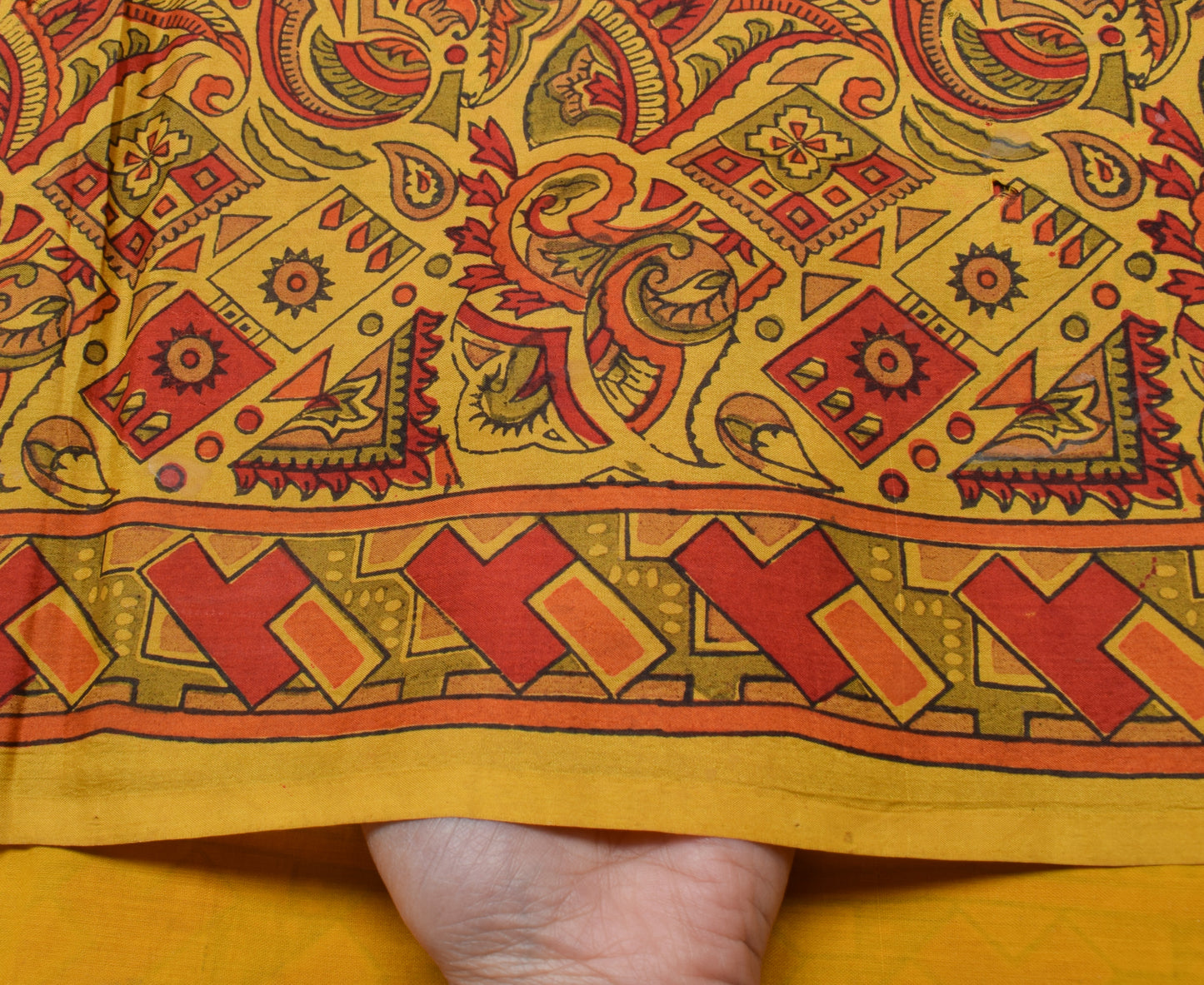 Sushila Vintage Mustard Sari 100% Pure Silk Hand Block Printed Soft Craft Fabric