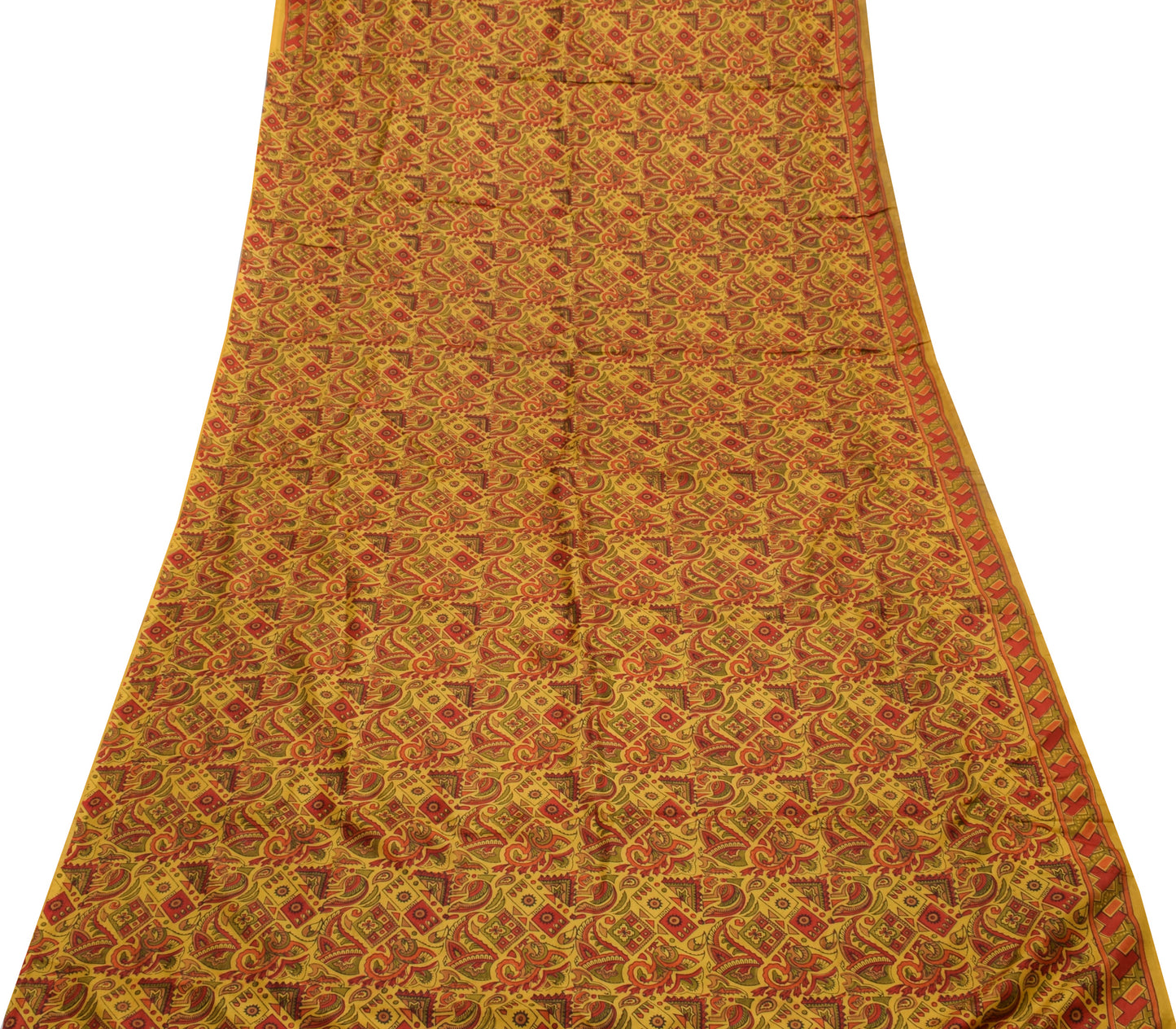 Sushila Vintage Mustard Sari 100% Pure Silk Hand Block Printed Soft Craft Fabric