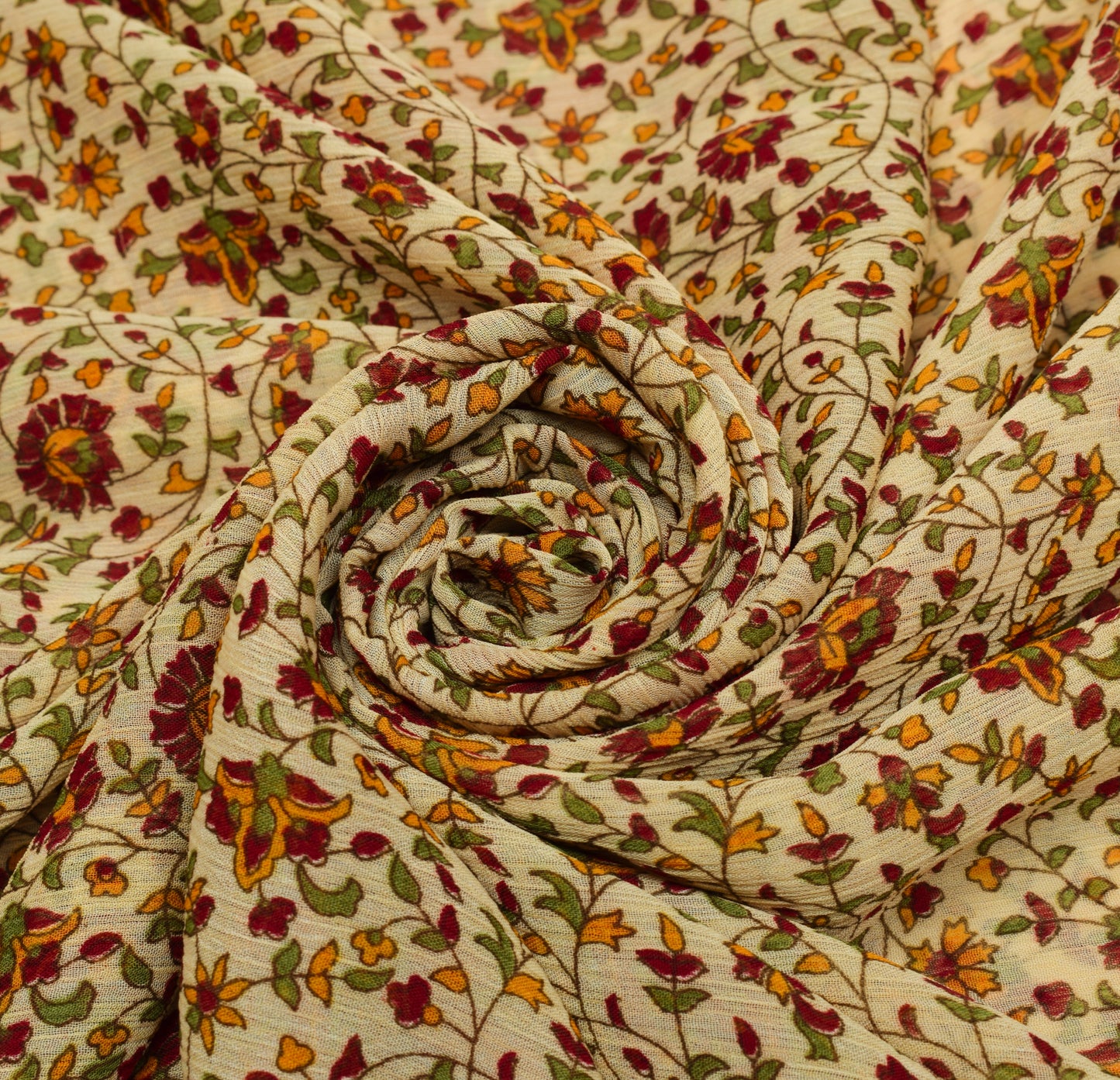 Sushila Vintage Cream Saree Blend  Chiffon Silk Printed Floral Soft Craft Fabric