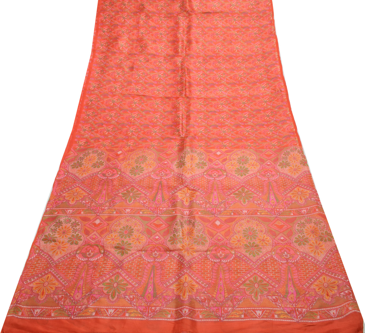 Sushila Vintage Orange Saree 100% Pure Silk Printed Floral Soft Craft Fabric