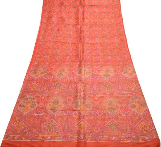 Sushila Vintage Orange Saree 100% Pure Silk Printed Floral Soft Craft Fabric