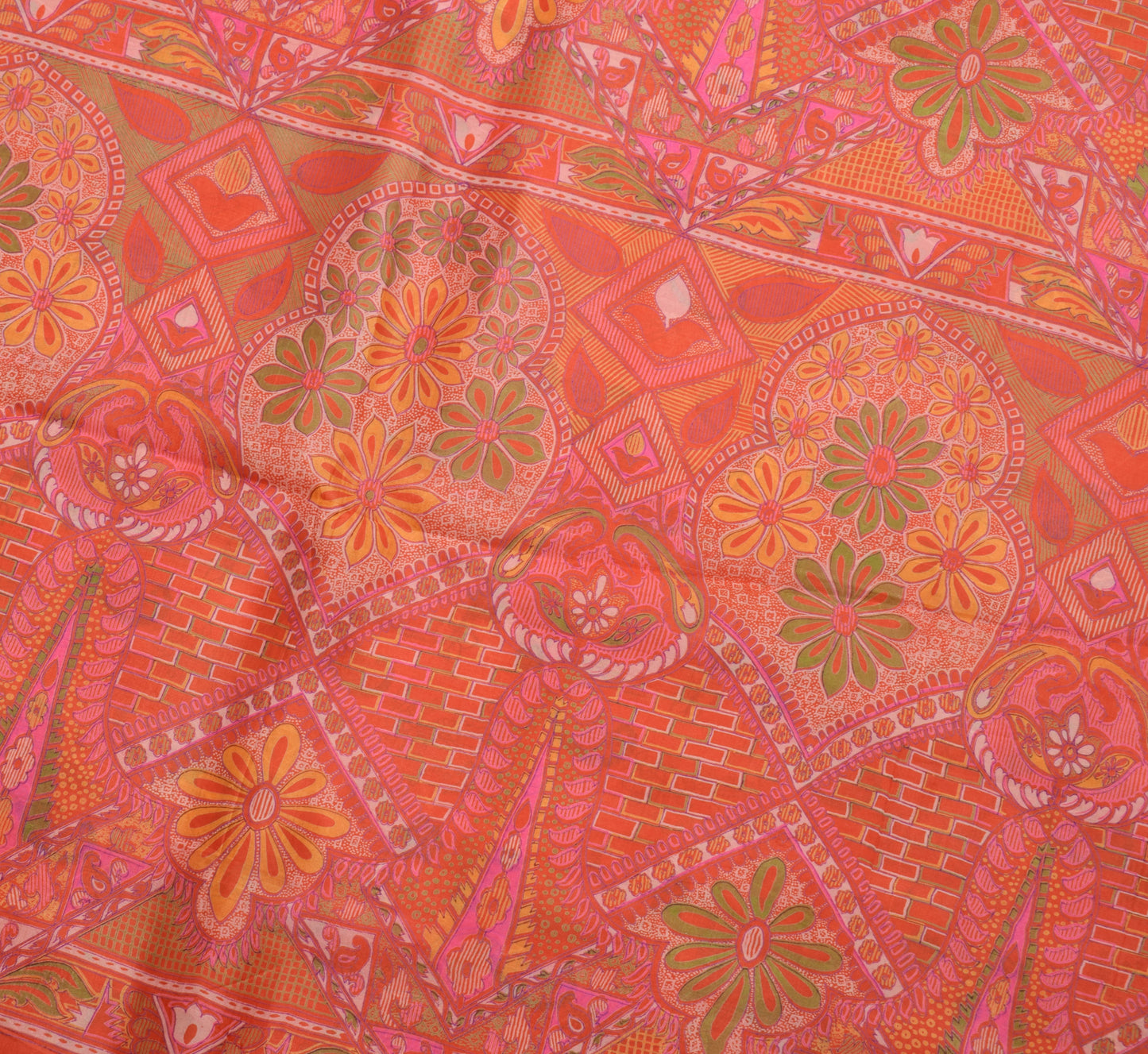Sushila Vintage Orange Saree 100% Pure Silk Printed Floral Soft Craft Fabric