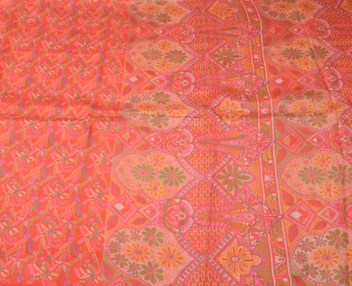 Sushila Vintage Orange Saree 100% Pure Silk Printed Floral Soft Craft Fabric