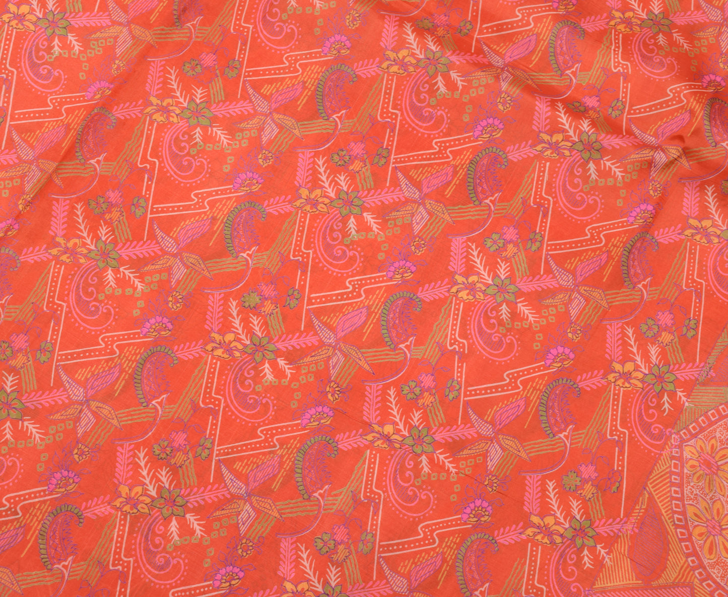 Sushila Vintage Orange Saree 100% Pure Silk Printed Floral Soft Craft Fabric