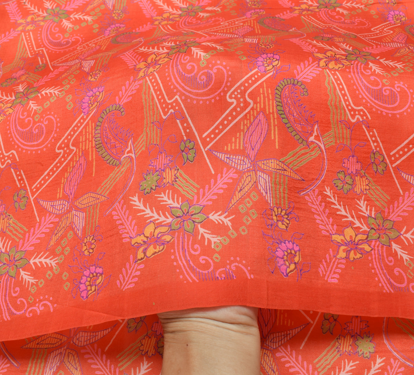 Sushila Vintage Orange Saree 100% Pure Silk Printed Floral Soft Craft Fabric