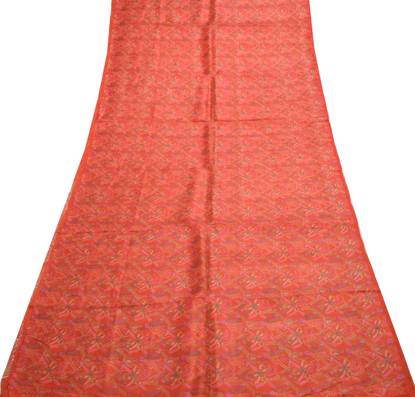 Sushila Vintage Orange Saree 100% Pure Silk Printed Floral Soft Craft Fabric