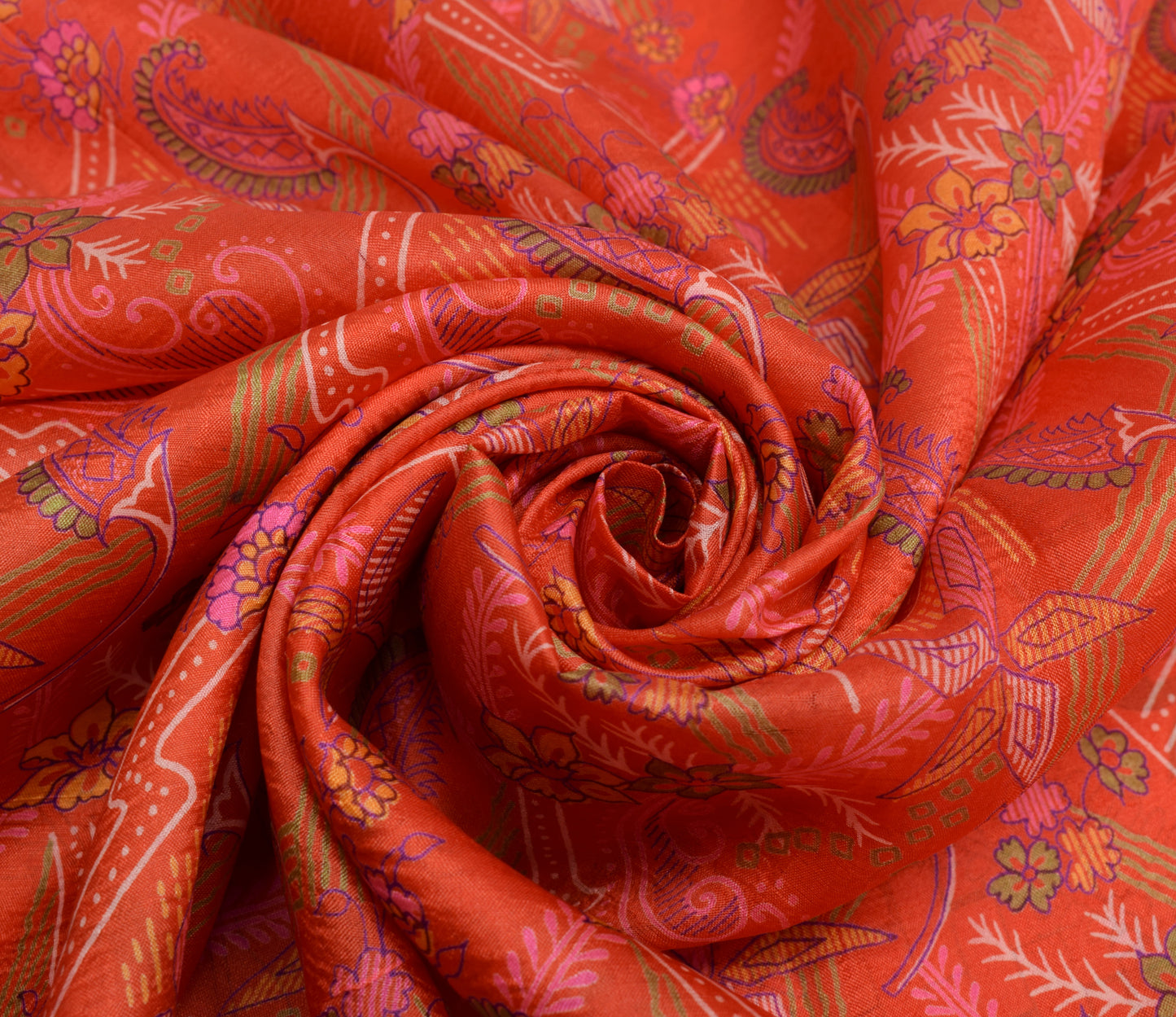 Sushila Vintage Orange Saree 100% Pure Silk Printed Floral Soft Craft Fabric