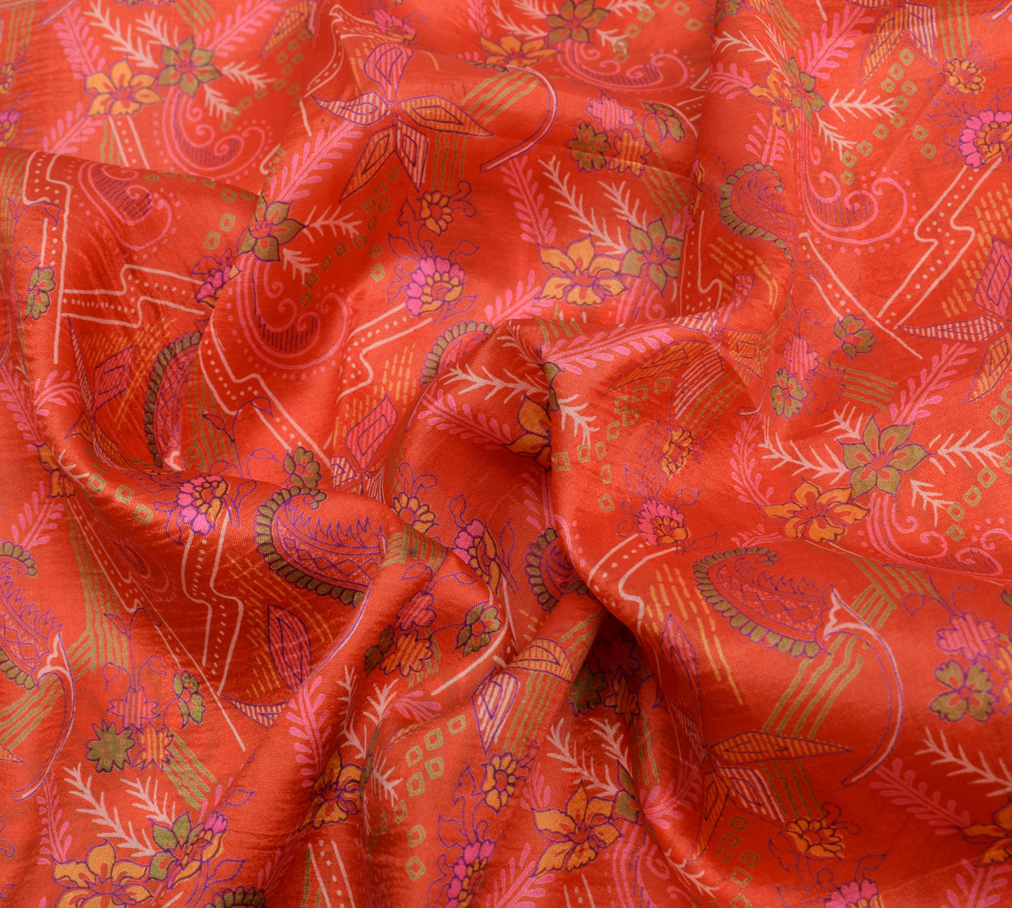 Sushila Vintage Orange Saree 100% Pure Silk Printed Floral Soft Craft Fabric