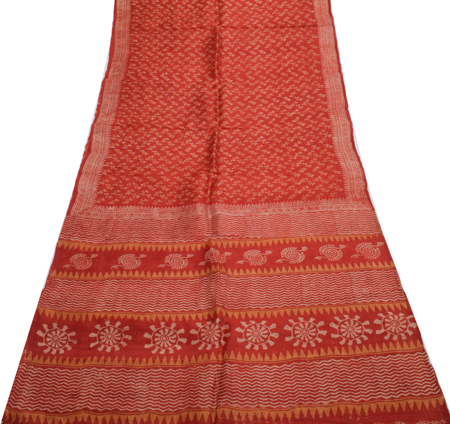 Sushila Vintage Dark Orange Saree 100% Pure Silk Printed Floral Craft Fabric