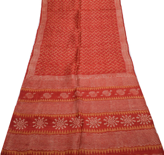 Sushila Vintage Dark Orange Saree 100% Pure Silk Printed Floral Craft Fabric