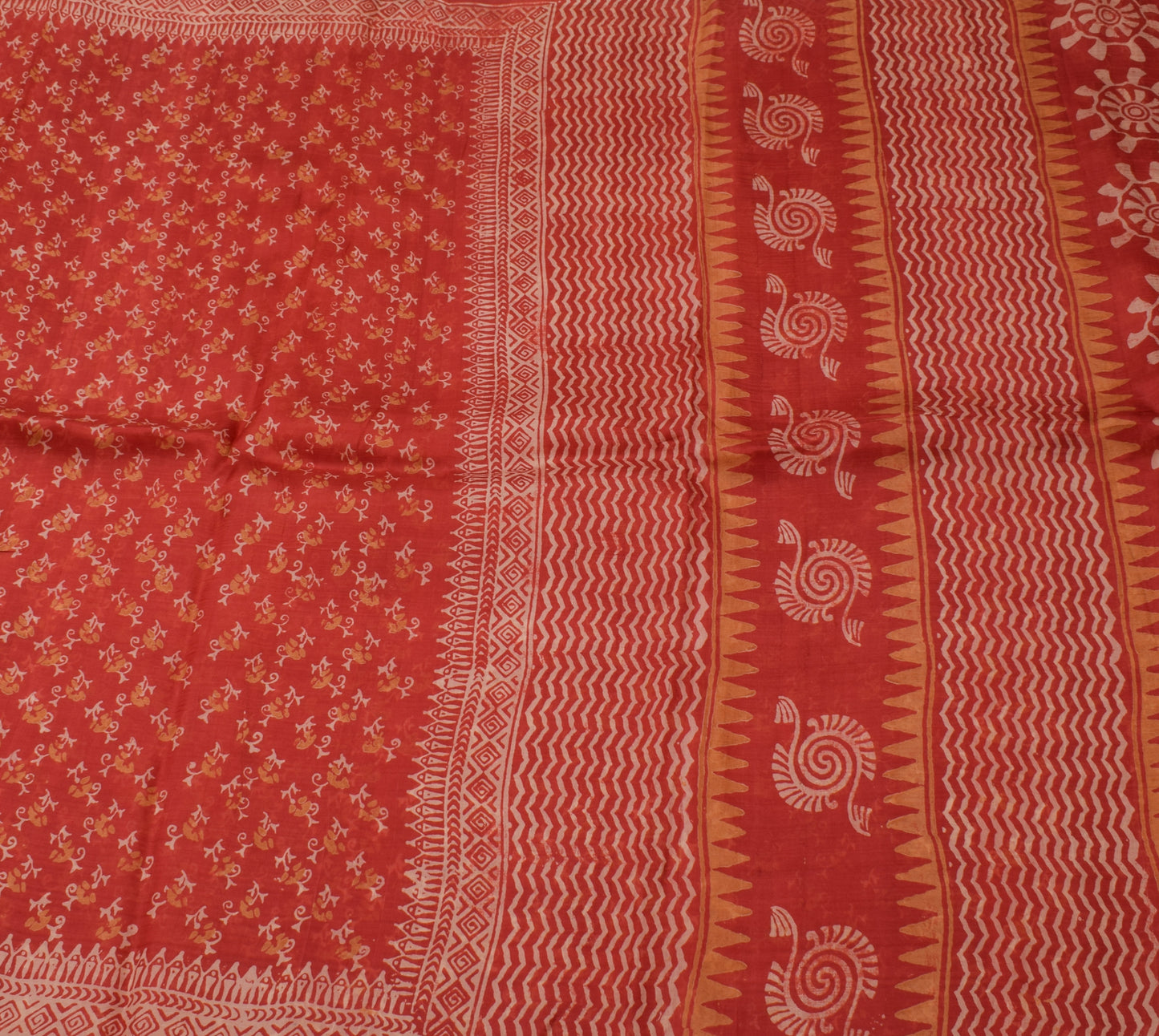 Sushila Vintage Dark Orange Saree 100% Pure Silk Printed Floral Craft Fabric