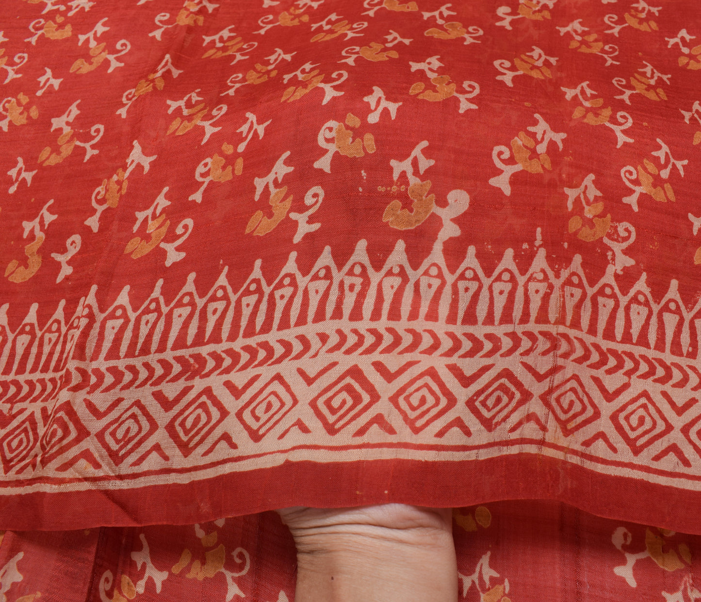 Sushila Vintage Dark Orange Saree 100% Pure Silk Printed Floral Craft Fabric