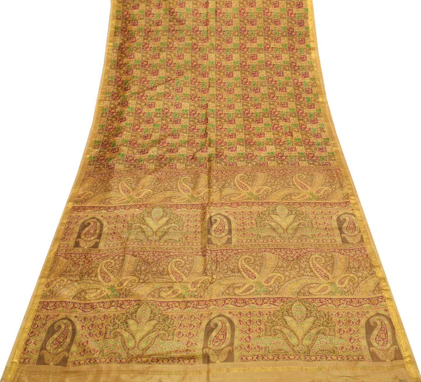Sushila Vintage Brown Saree 100% Pure Silk Printed Floral Soft Craft Fabric