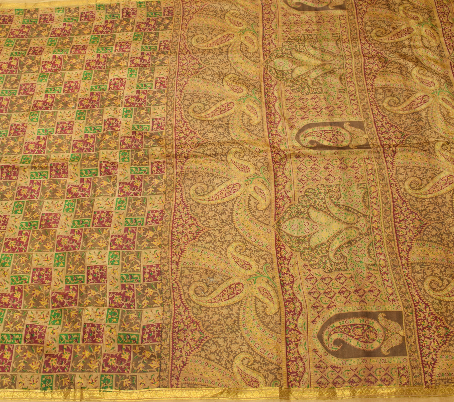 Sushila Vintage Brown Saree 100% Pure Silk Printed Floral Soft Craft Fabric