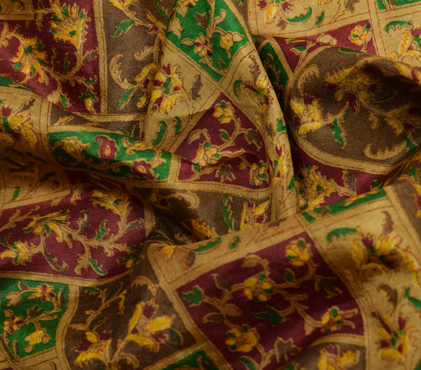 Sushila Vintage Brown Saree 100% Pure Silk Printed Floral Soft Craft Fabric