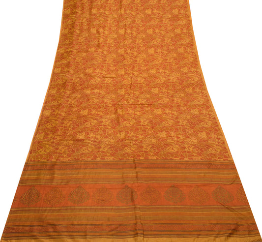 Sushila Vintage Mustard Saree 100% Pure Silk Printed 5 Yard Soft Craft Fabric