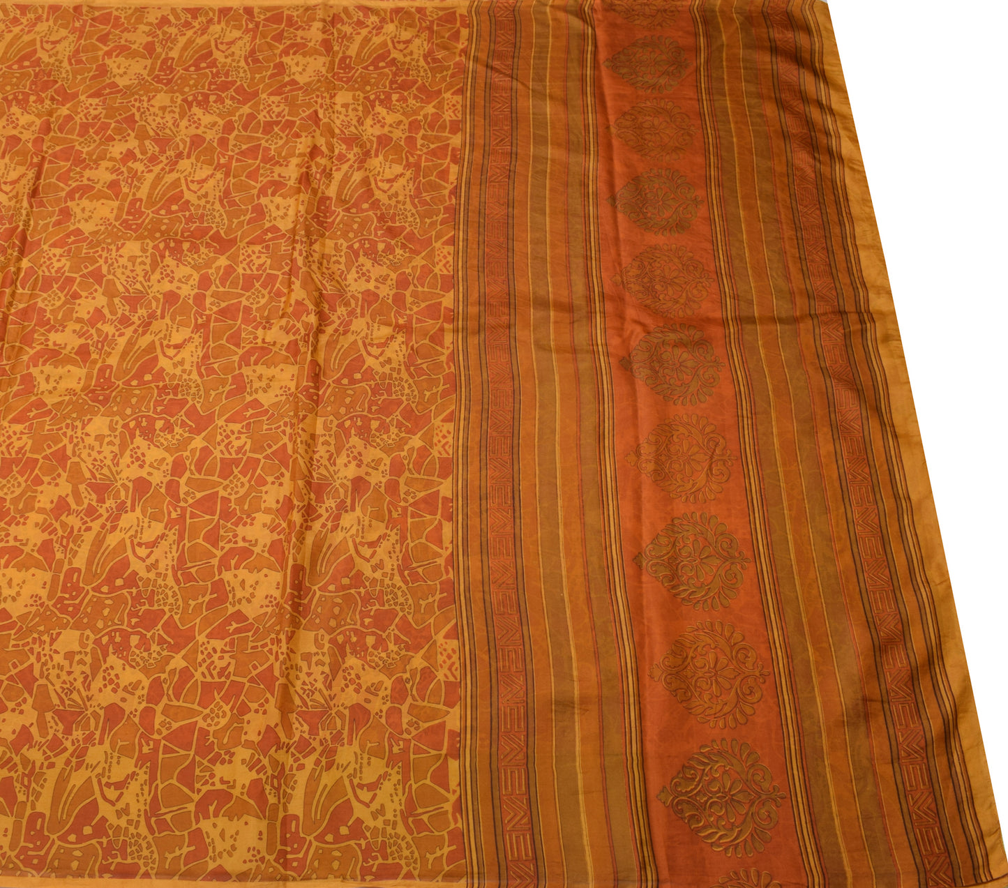 Sushila Vintage Mustard Saree 100% Pure Silk Printed 5 Yard Soft Craft Fabric