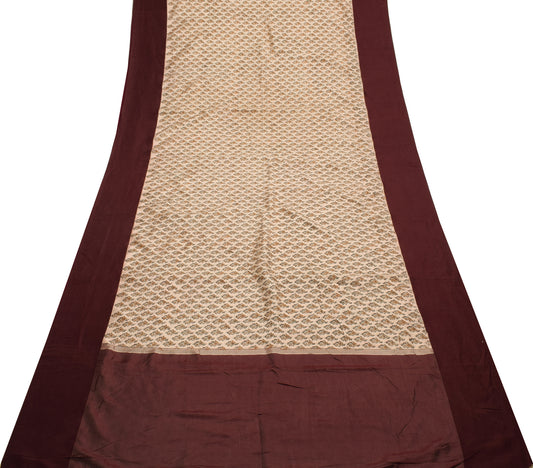 Sushila Vintage Brown Saree 100% Pure Silk Printed Floral 5 YD Soft Craft Fabric