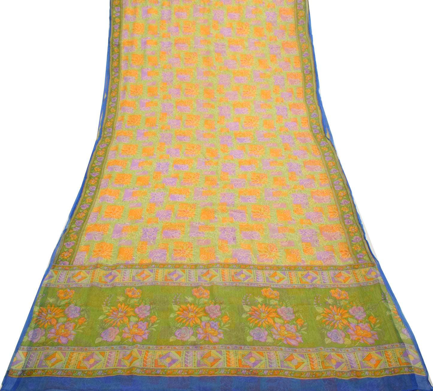 Sushila Vintage Green Saree 100% Pure Chiffon Printed Floral Soft Craft Fabric