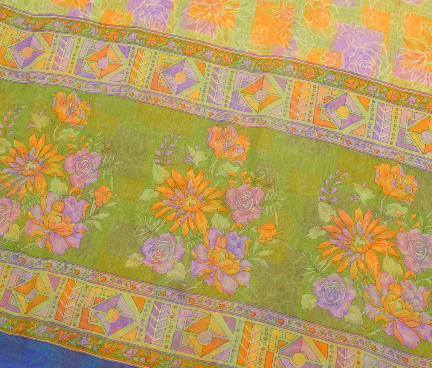 Sushila Vintage Green Saree 100% Pure Chiffon Printed Floral Soft Craft Fabric