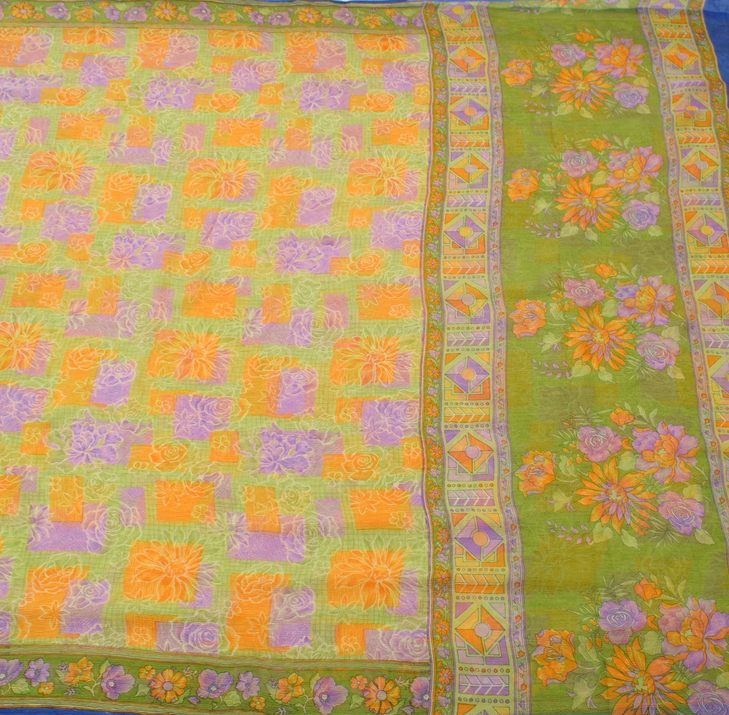 Sushila Vintage Green Saree 100% Pure Chiffon Printed Floral Soft Craft Fabric