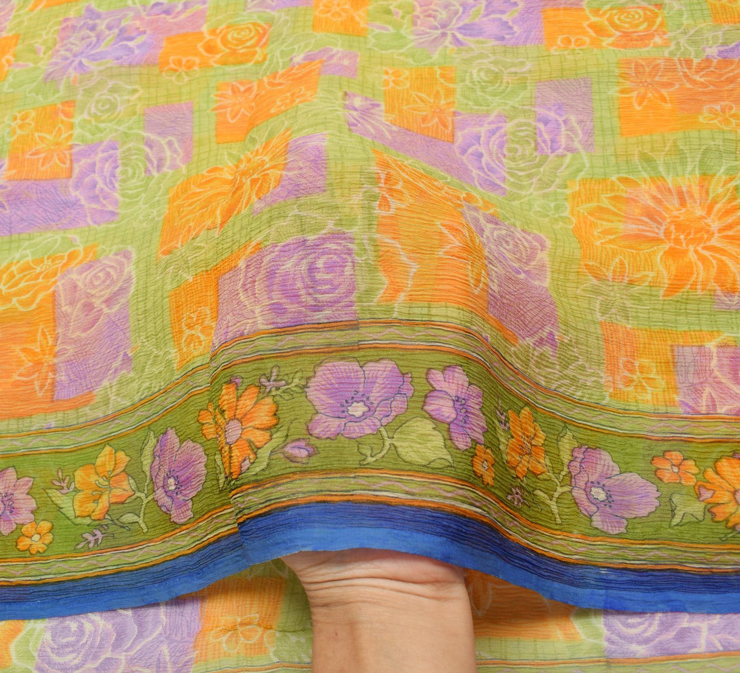 Sushila Vintage Green Saree 100% Pure Chiffon Printed Floral Soft Craft Fabric