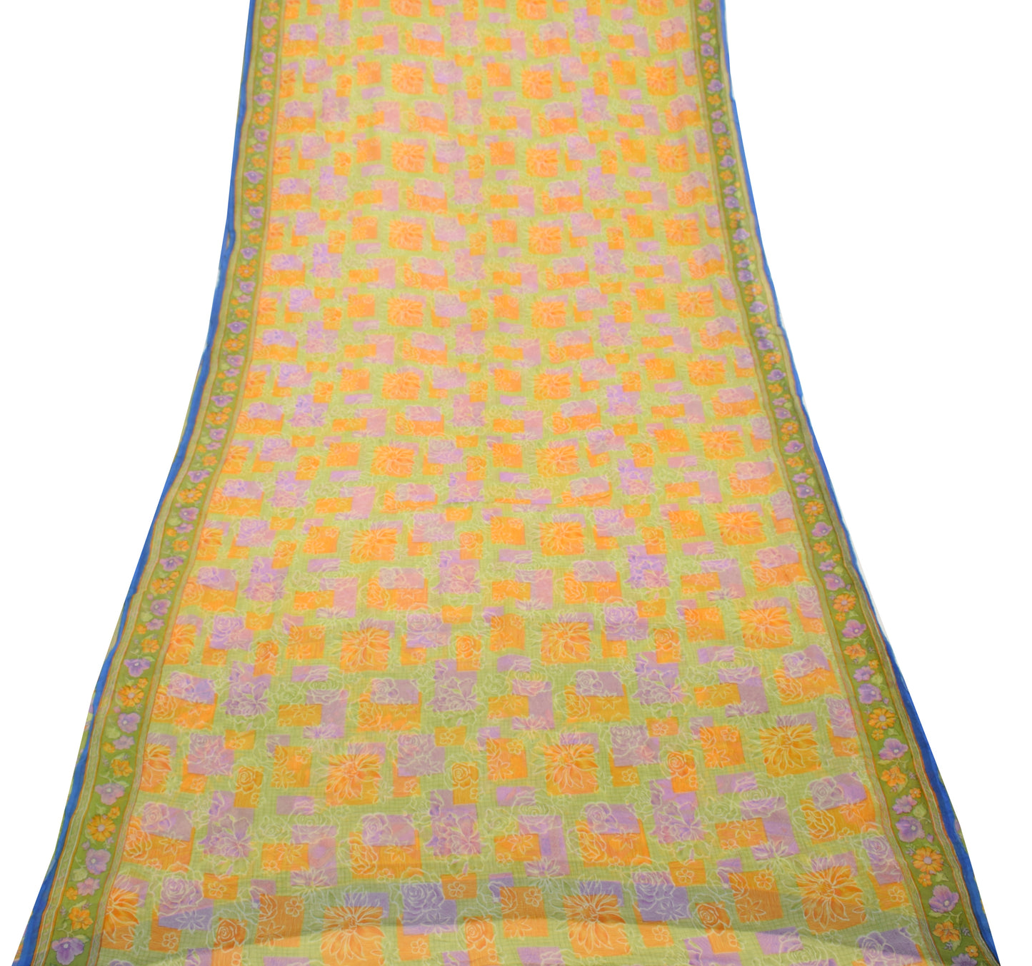 Sushila Vintage Green Saree 100% Pure Chiffon Printed Floral Soft Craft Fabric