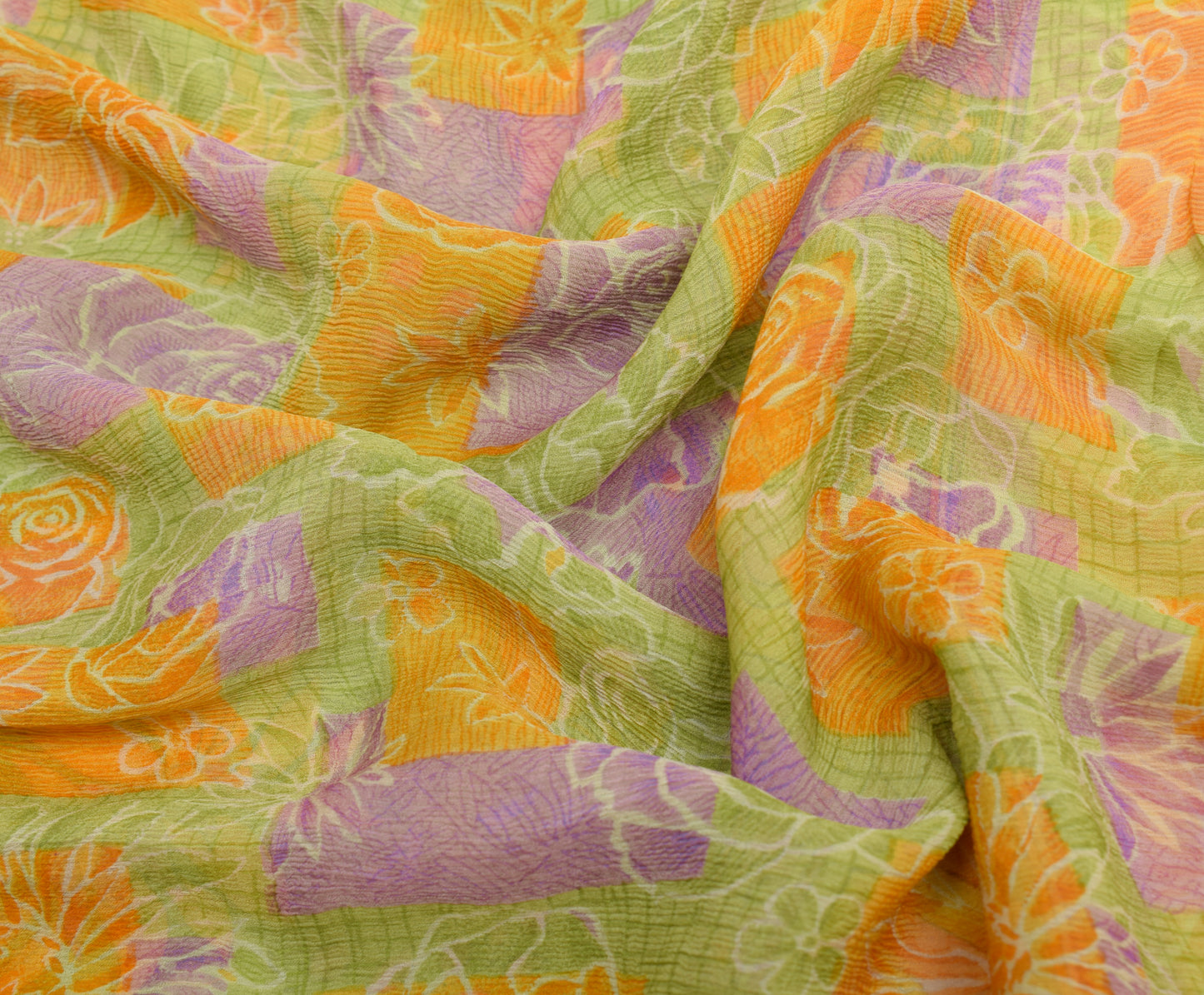 Sushila Vintage Green Saree 100% Pure Chiffon Printed Floral Soft Craft Fabric