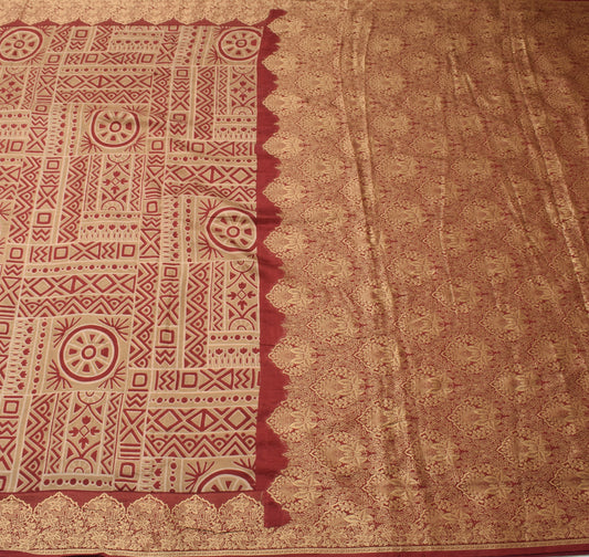 Sushila Vintage Brown Indian Saree 100% Pure Silk Printed 5 YD Soft Craft Fabric